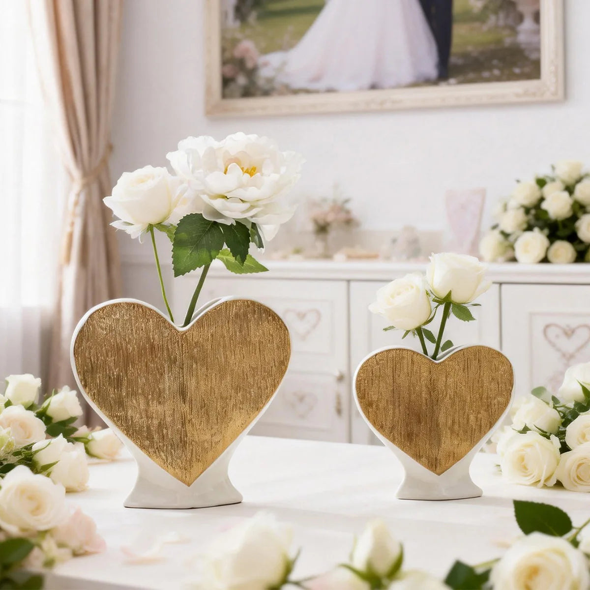 Norév Gold White Heart Shape Ceramic Vase Set Modern Luxury