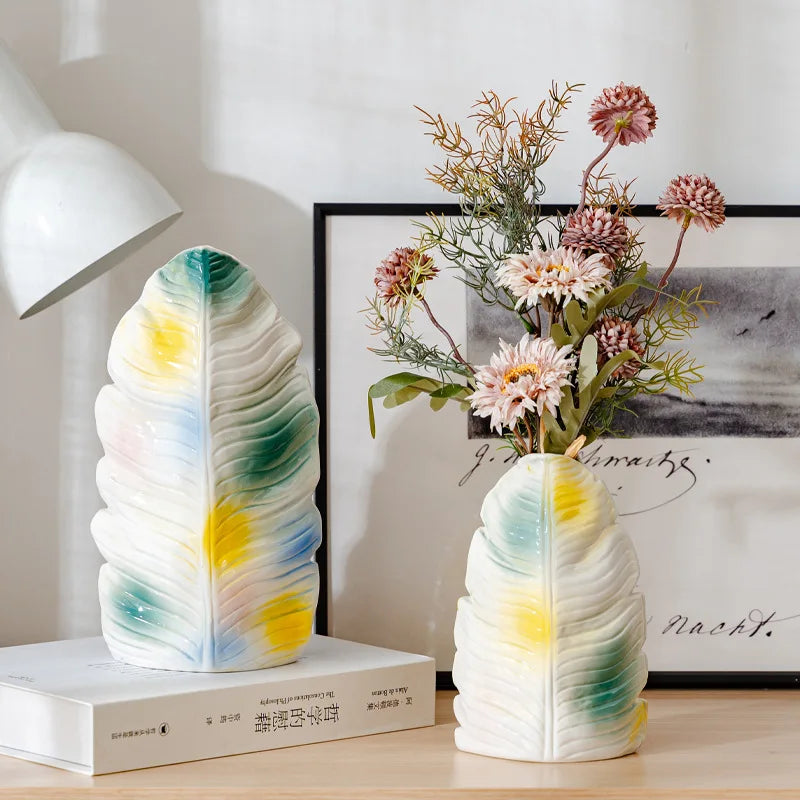 Norév Modern Ceramic Vase with Banana Leaf Pattern Colorful Abstract Glaze